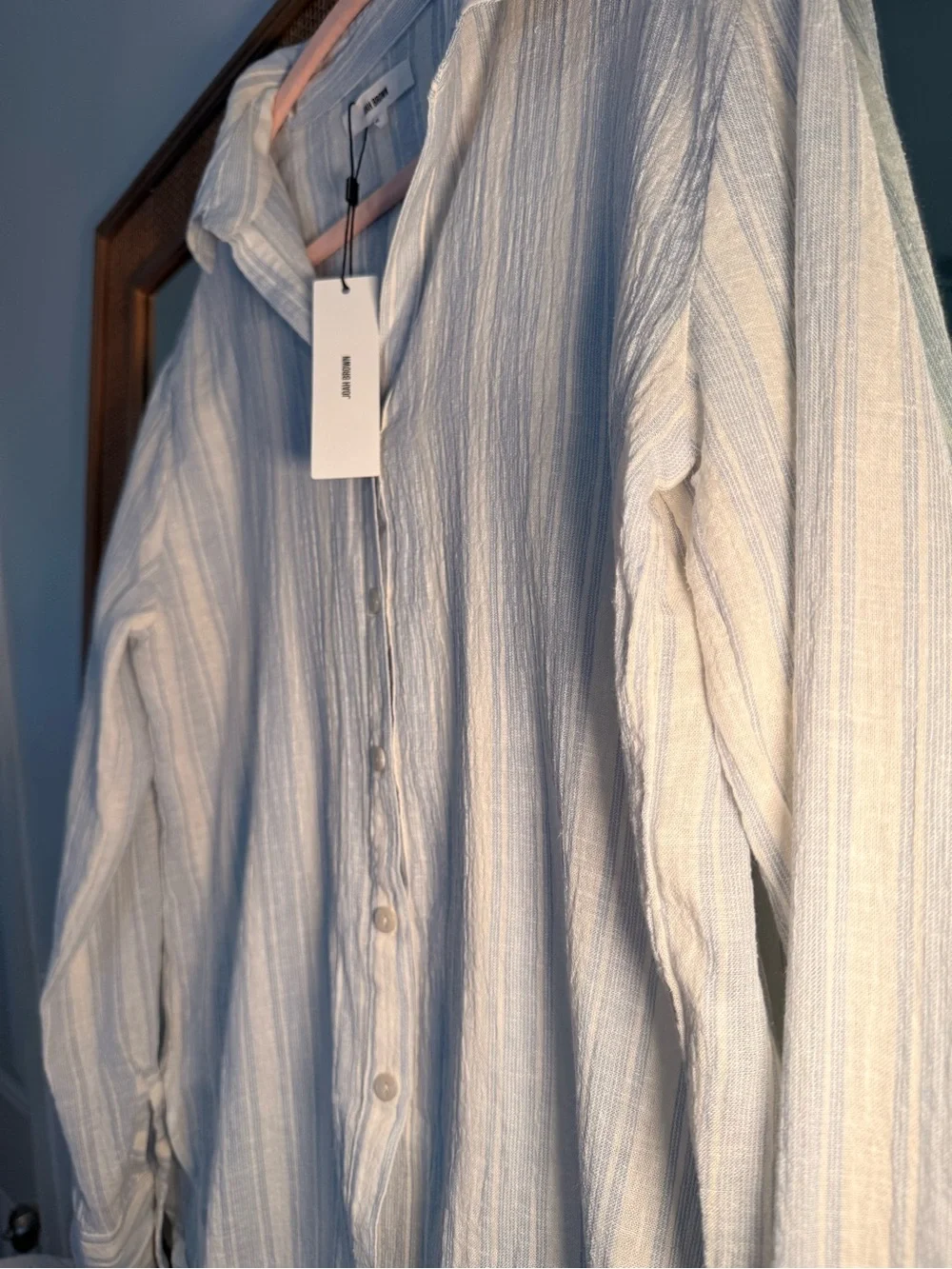 Joah Brown NWT Classic Button Down Natural White & Blue Stripe Gauze